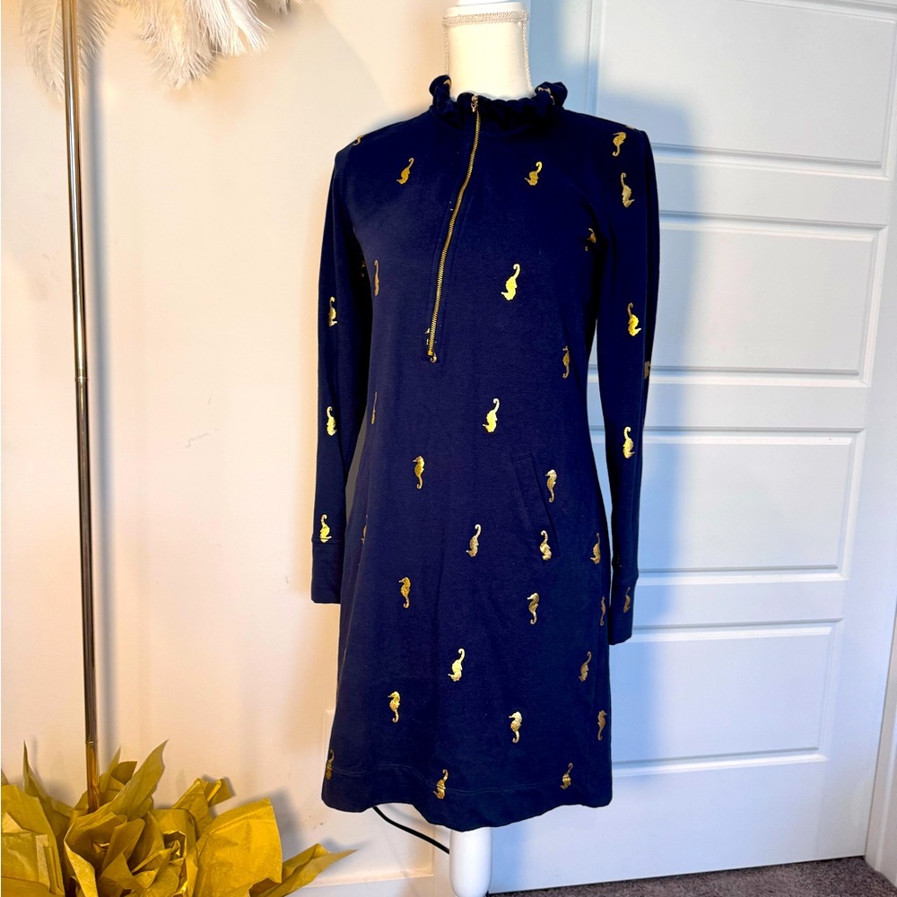 Lilly Pulitzer Skipper Ruffle Dress in Navy Blue and Gold Seahorse Print.